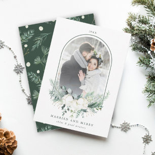 Cotton Flower Arched Frame Photo Married & Merry  Holiday Card