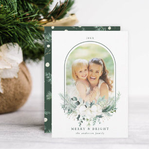 Cotton Flower Arched Frame Photo Merry & Bright  Holiday Card
