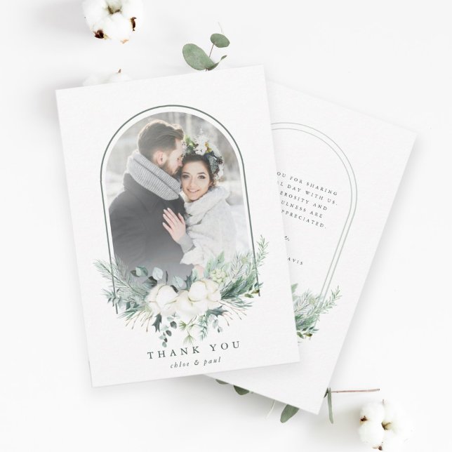 Cotton Flower Arched Frame Wedding Photo Thank You Card (Creator Uploaded)