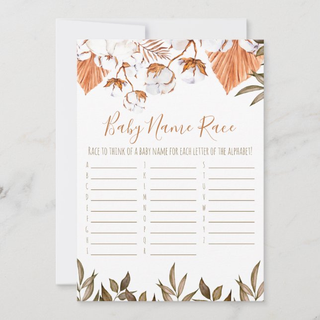 Cotton Flower Baby Name Race Baby Shower Game Invitation (Front)