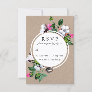 Cotton flower. Rustic Floral kraft wedding RSVP Card