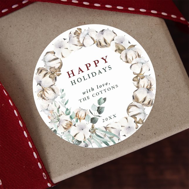 Cotton Flower Wreath Happy Holidays Classic Round Sticker (Creator Uploaded)