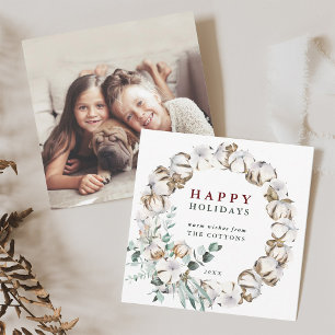 Cotton Flower Wreath Happy Holidays Photo Card 