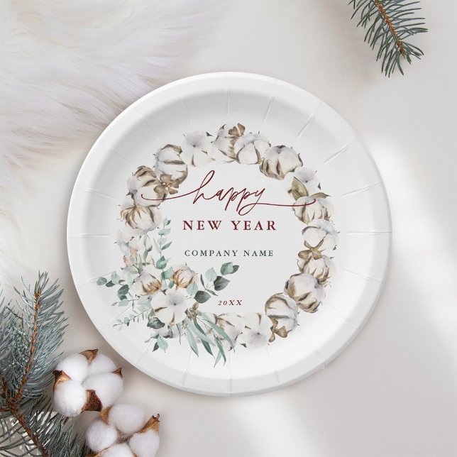 Cotton Flower Wreath Happy New Year Holiday Paper Plate (Creator Uploaded)