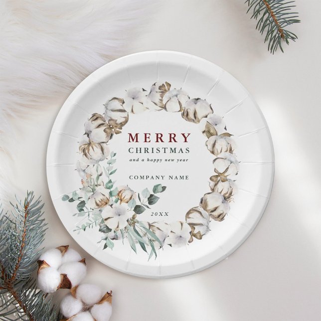 Cotton Flower Wreath Merry Christmas Holiday Paper Plate (Creator Uploaded)
