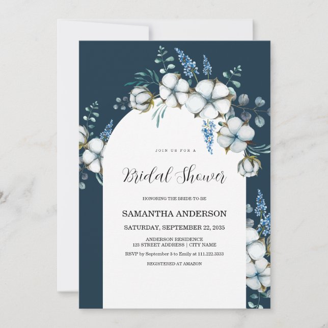 Cotton flowers and eucalyptus Bridal Shower Invitation (Front)