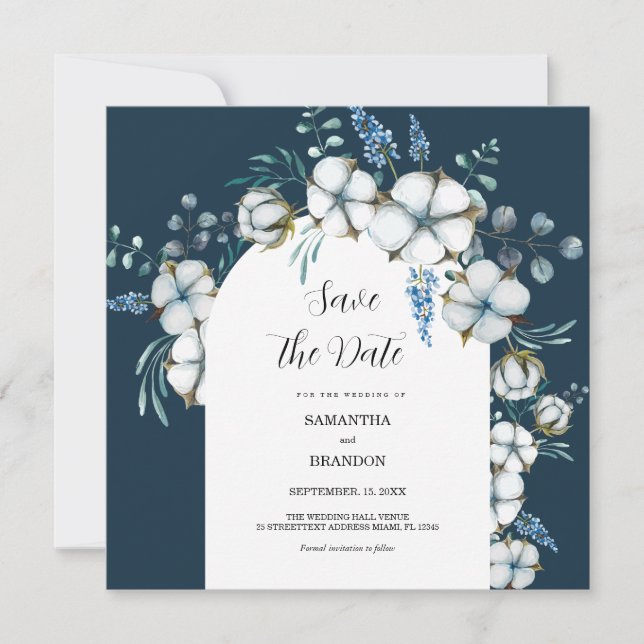 Cotton flowers and eucalyptus  save the date (Front)