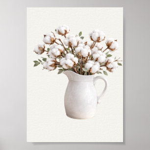 Cotton Flowers in White Pitcher Neutral Farmhous Poster