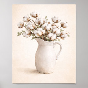 Cotton Flowers in White Pitcher Neutral Farmhous Poster