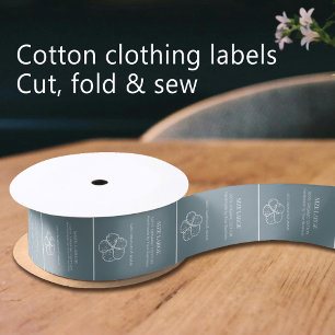 Cotton logo white on dusky blue clothing label satin ribbon