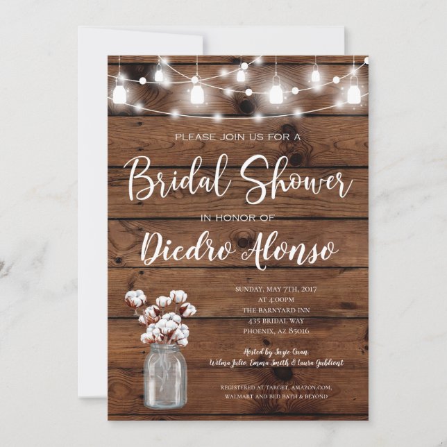 Cotton Mason Jar Rustic Bridal Shower Invitation (Front)