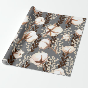 Cotton Plant Pattern Grey Wrapping Paper