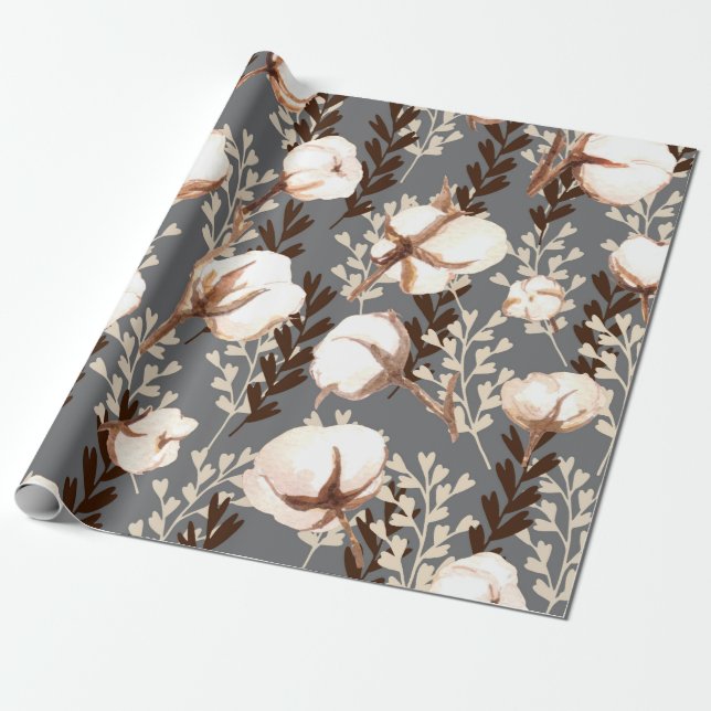 Cotton Plant Pattern Grey Wrapping Paper (Unrolled)