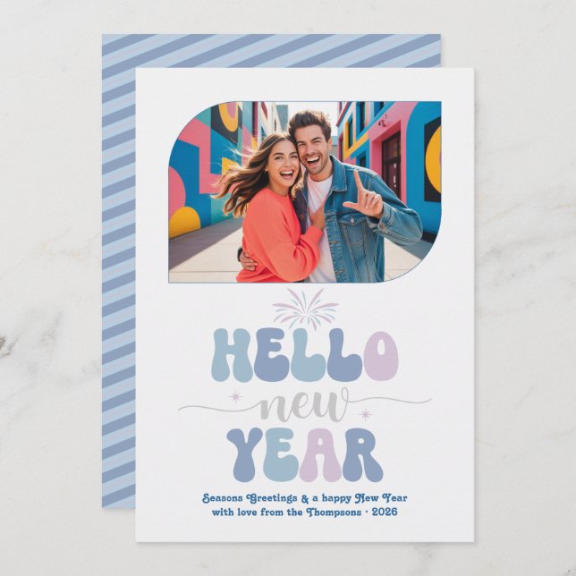 Cotton Sky Hello New Year Blue Retro Photo Holiday Card (Front/Back)