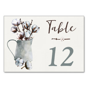 Cotton Stems in Tin Pitcher Wedding Table Number