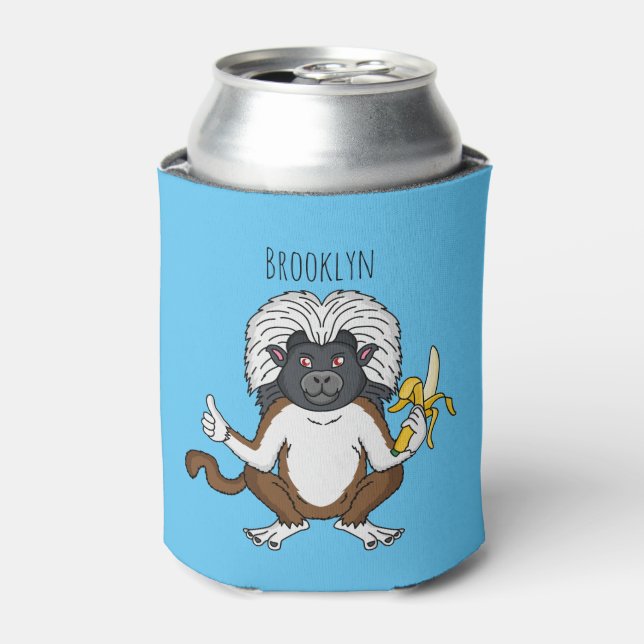 Cotton Top Tamarin monkey cartoon illustration Can Cooler (Can Front)