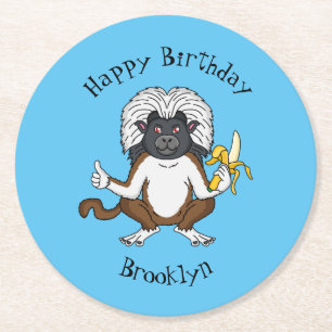 Cotton Top Tamarin monkey cartoon illustration Round Paper Coaster