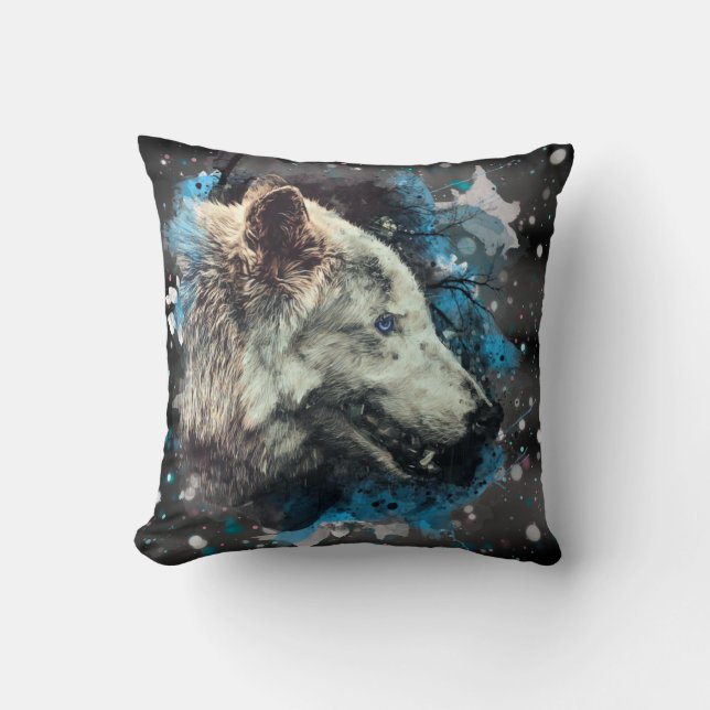 *~* Cotton Wolf Totem Blue Abstract Cushion (Front)