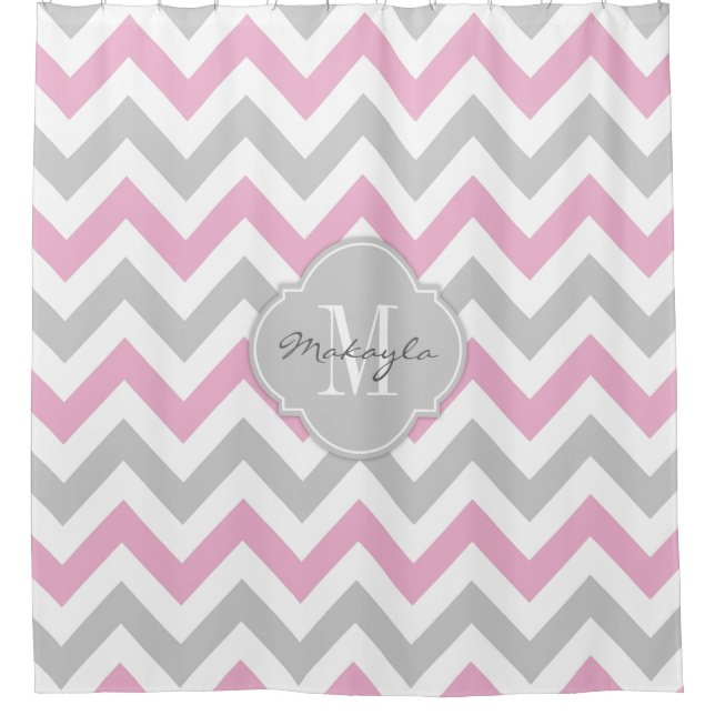 Cottoncandy Pink and Grey Chevron with Monogram Shower Curtain (Front)