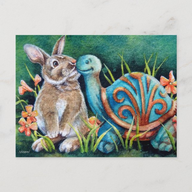 Cottontail Rabbit & Turtle Statue Watercolor Art Postcard (Front)