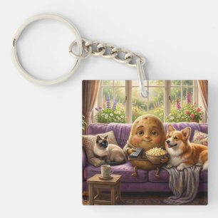 Couch Potato Corgi and Cat Key Ring