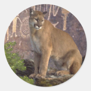 Cougar and Pictographs Classic Round Sticker