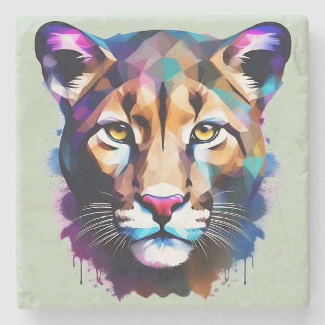 Cougar Color Splash Abstract Art, Stone Coaster (Front)