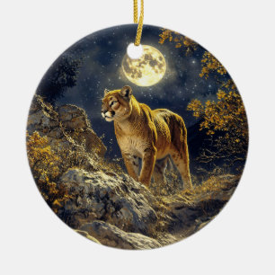 Cougar in the Moonlight Wildlife Art Ceramic Tree Decoration