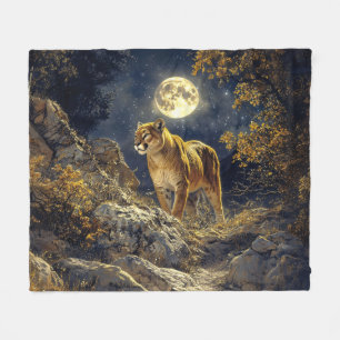 Cougar in the Moonlight Wildlife Art Fleece Blanket