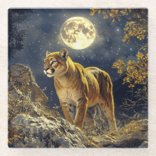 Cougar in the Moonlight Wildlife Art Glass Coaster