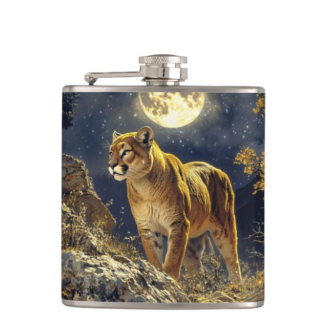 Cougar in the Moonlight Wildlife Art Hip Flask (Front)