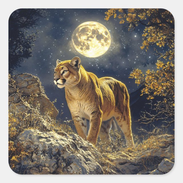 Cougar in the Moonlight Wildlife Art Square Sticker (Front)