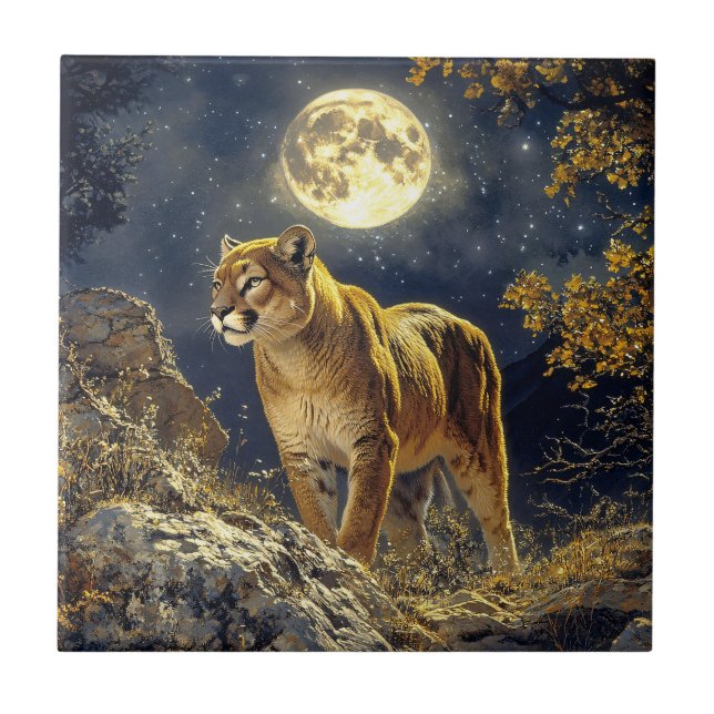 Cougar in the Moonlight Wildlife Art Tile (Front)