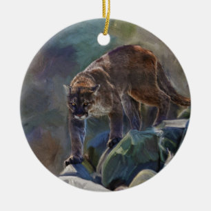 Cougar Mountain Lion Big Cat Painting 5 Ceramic Tree Decoration