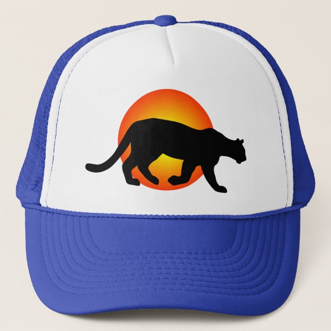 Cougar Mountain Lion Panther Silhouette Red Circle Trucker Hat (Front)