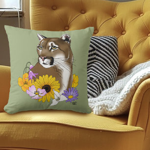 Cougar Mountain Lion Puma Flowers Cushion