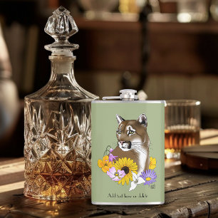 Cougar Mountain Lion Puma Flowers Hip Flask