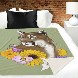 Cougar Mountain Lion Puma Flowers Sherpa Blanket