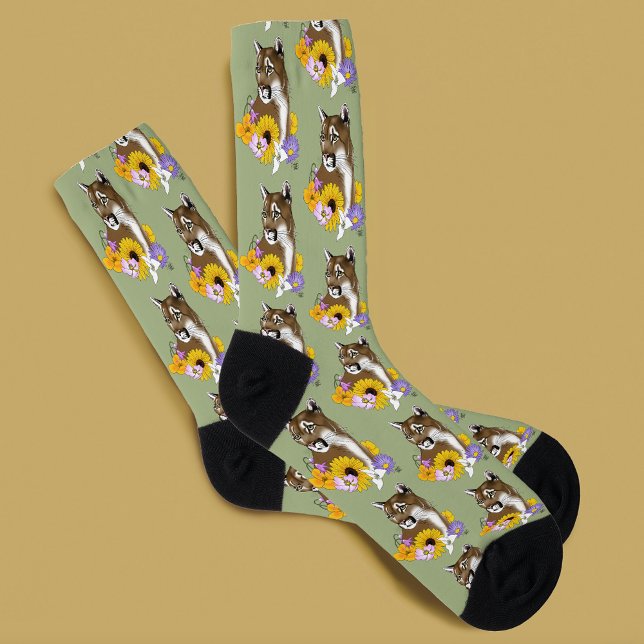 Cougar Mountain Lion Puma Flowers Socks (Creator Uploaded)