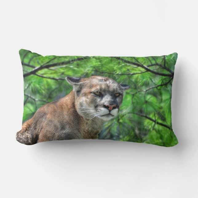 Cougar Mountain Lion & Summer Pines Wildlife Image Lumbar Cushion (Front)