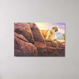 Cougar on Rocks, Colorado Sunset, Acrylic Painting Canvas Print