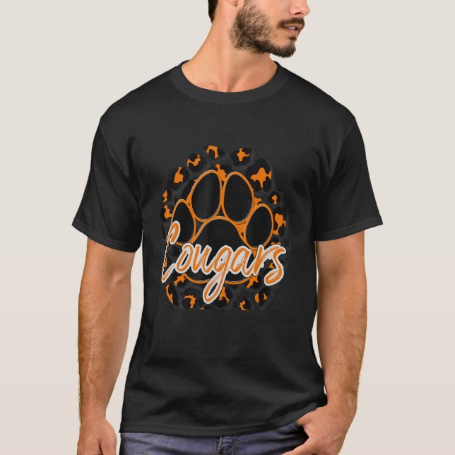 Cougar Orange Black Cheetah School Sports Fan Team T-Shirt (Front)