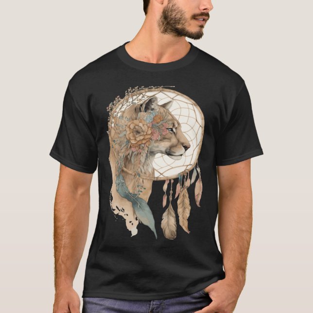 Cougar Tribal Watercolor Cougar Dream Catcher T-Shirt (Front)