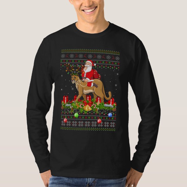 Cougar   Ugly Santa Riding Cougar Christmas T-Shirt (Front)