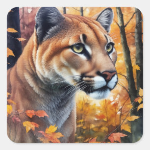 Cougar Watercolor Autumn Cat Art Square Sticker