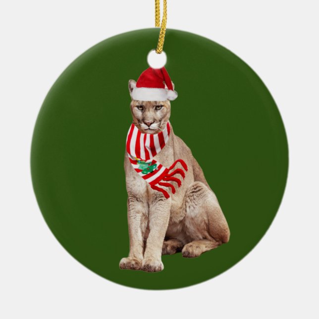 Cougar With Hat Scaft Christmas Ceramic Tree Decoration (Front)