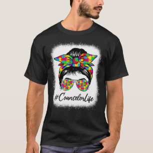 Counselor Messy Bun Women Supporting Autism Awaren T-Shirt