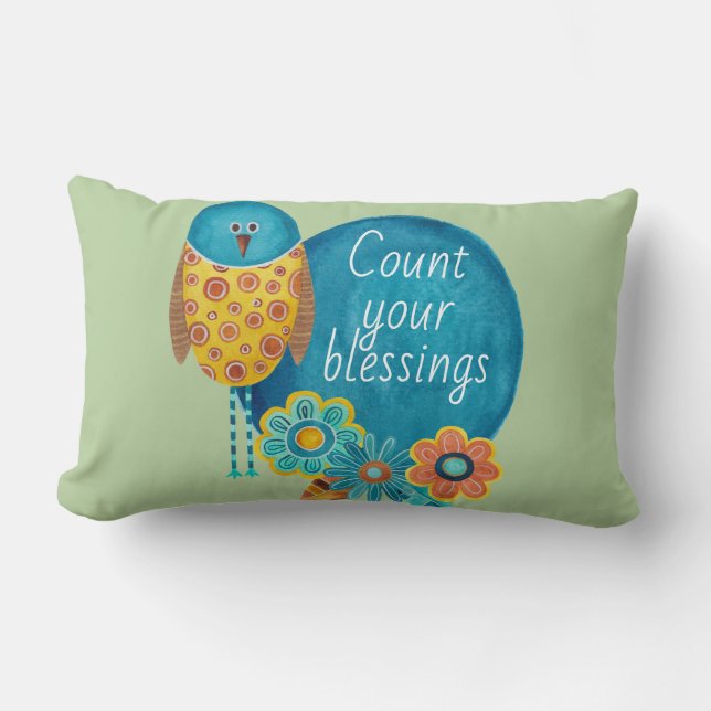 Count Your Blessing Retro Bird and Flowers Lumbar Cushion (Front)