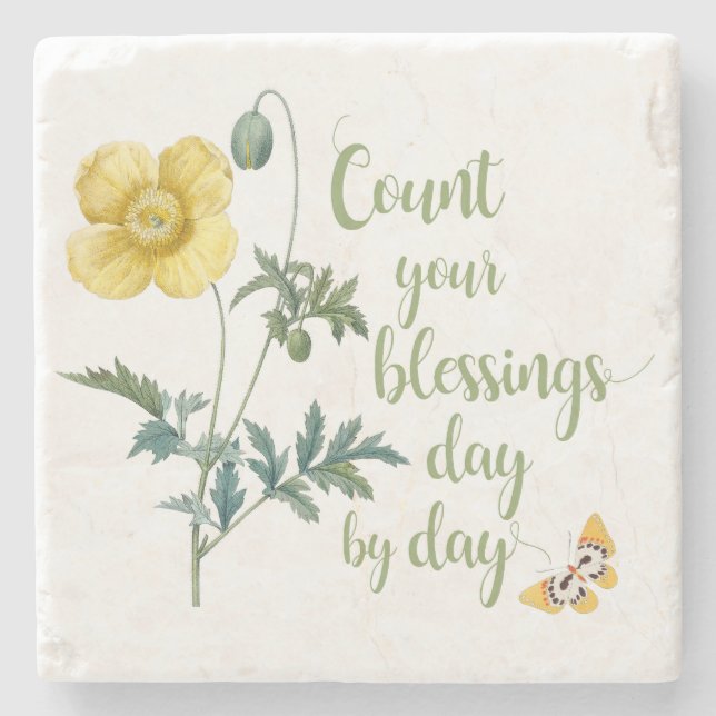 Count your blessings - vintage Yellow poppy Stone Coaster (Front)