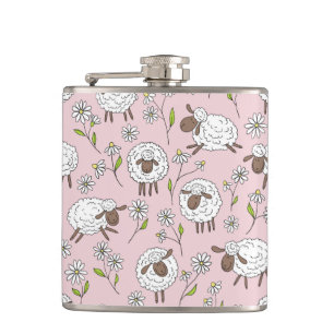 Counting sheep on cotton candy pink hip flask